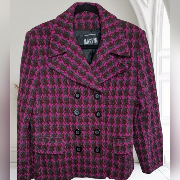 Marvin Richardson Vintage Women's Pink and Black Houndstooth Wool Coat M
